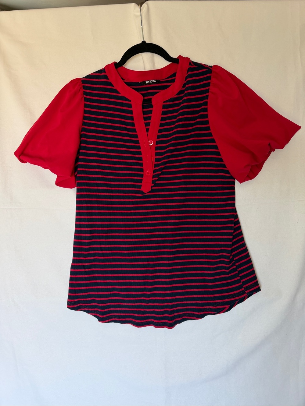 Red & Navy Striped Short Sleeve Henley Top XL